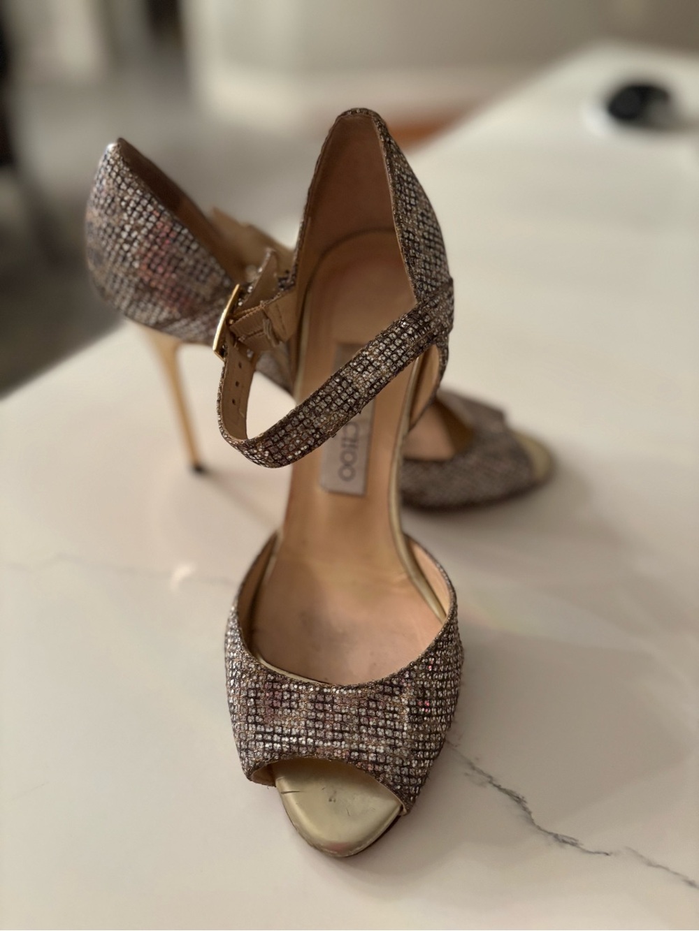 Jimmy Choo Rose Gold Crystal-Embellished Peep-Toe Heels